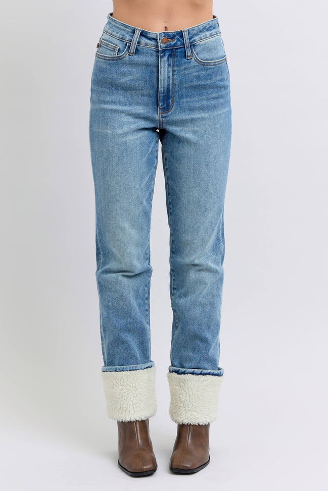 JUDY BLUE High Waisted Shearling Cuff Straight