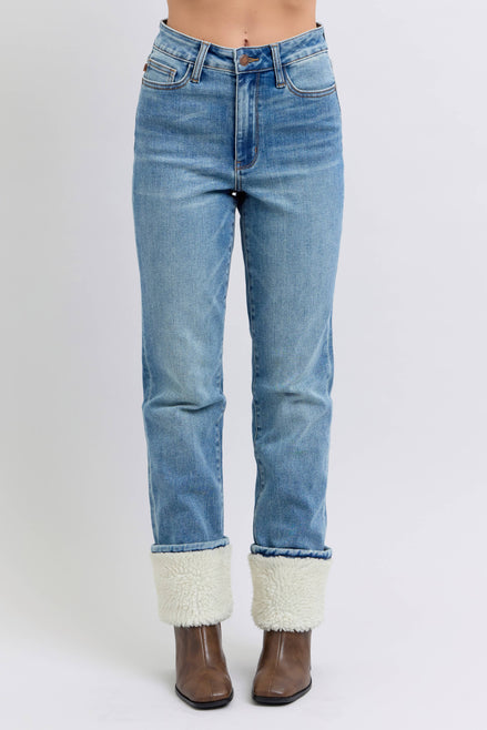 JUDY BLUE High Waisted Shearling Cuff Straight
