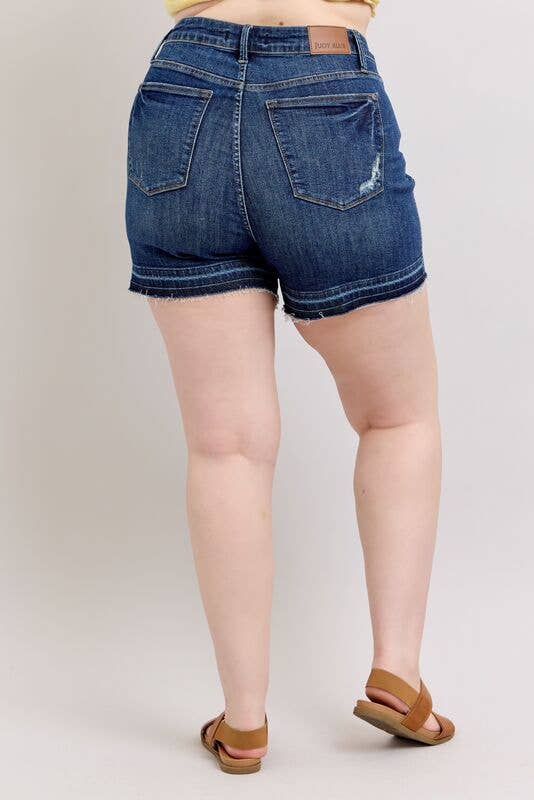 JUDY BLUE High Waisted Tummy Control Destroy Release Hem Shorts - PLUS