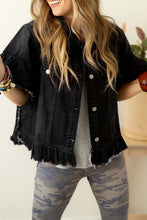 Load image into Gallery viewer, Black Raw Edge Ruffled Mid Sleeve Denim Jacket
