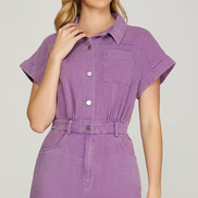 Short Sleeve Washed Romper w/Pockets