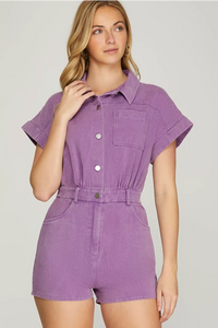 Short Sleeve Washed Romper w/Pockets