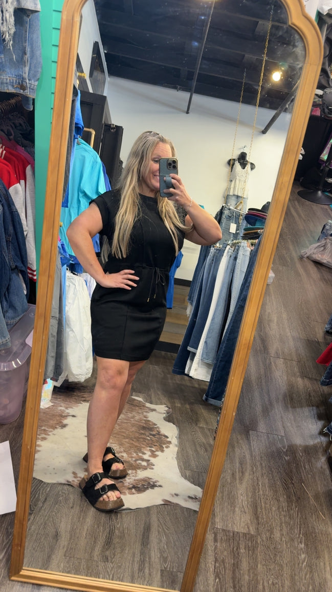 Luxeknit Mini Dress w/drawstring Tie (Black)