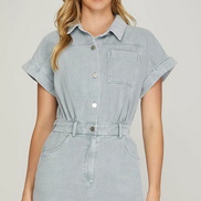 Short Sleeve Washed Romper w/Pockets