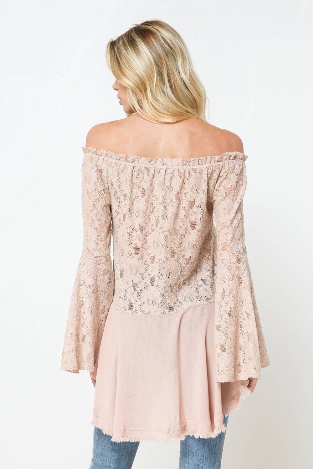 Off the Shoulder Lace Bell Sleeve Tunic Top