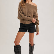 BOAT NECK DOLMAN SLEEVE RIBBED FUZZY KNIT SWEATER