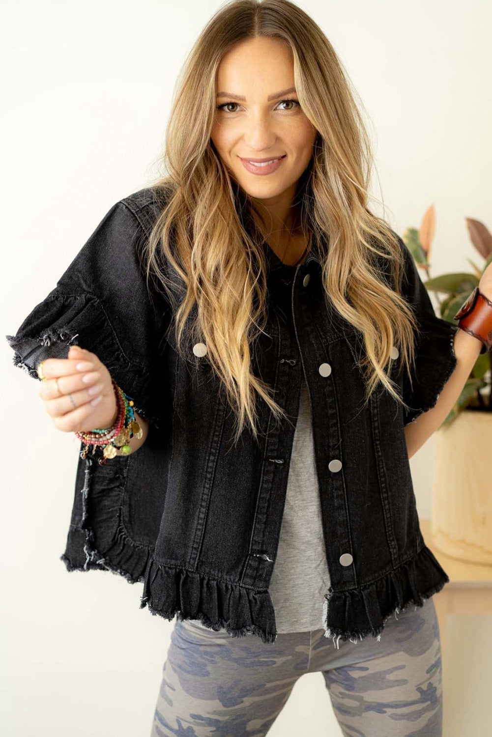 Black Raw Edge Ruffled Mid Sleeve Denim Jacket