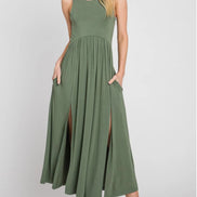 Sleeveless Midi Dress with Side Slit Detail