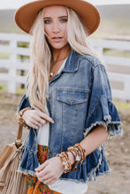 Load image into Gallery viewer, Blue Raw Edge Ruffled Mid Sleeve Denim Jacket
