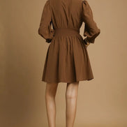Brown Zip-Front Smocked Waist Mini Dress