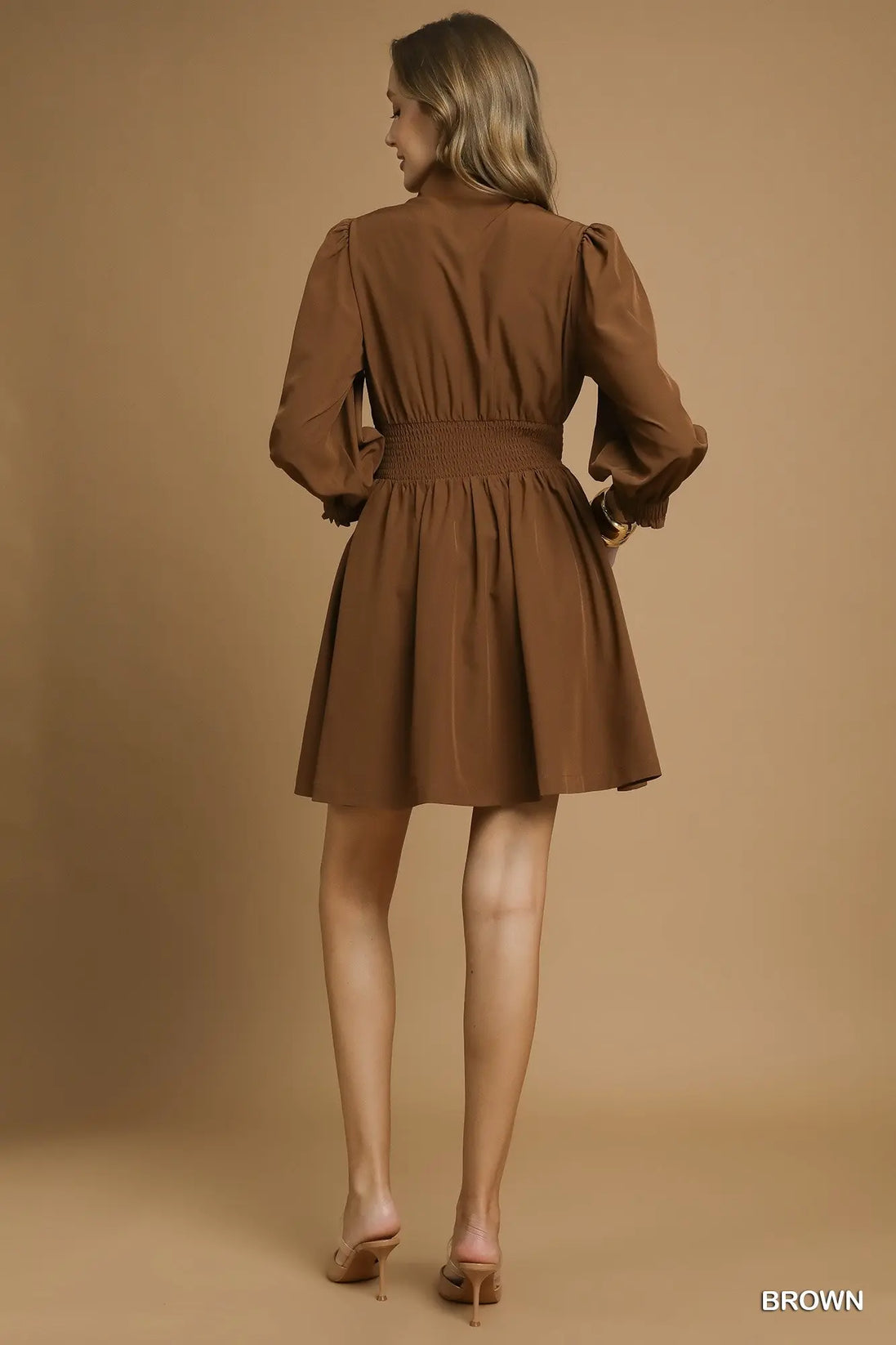 Brown Zip-Front Smocked Waist Mini Dress
