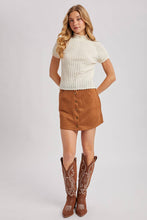 Load image into Gallery viewer, OPEN-KNIT MOCK NECK POINTELLE RUFFLE EDGE SWEATER TEE TOP
