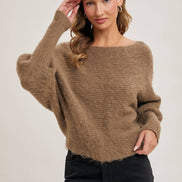 BOAT NECK DOLMAN SLEEVE RIBBED FUZZY KNIT SWEATER