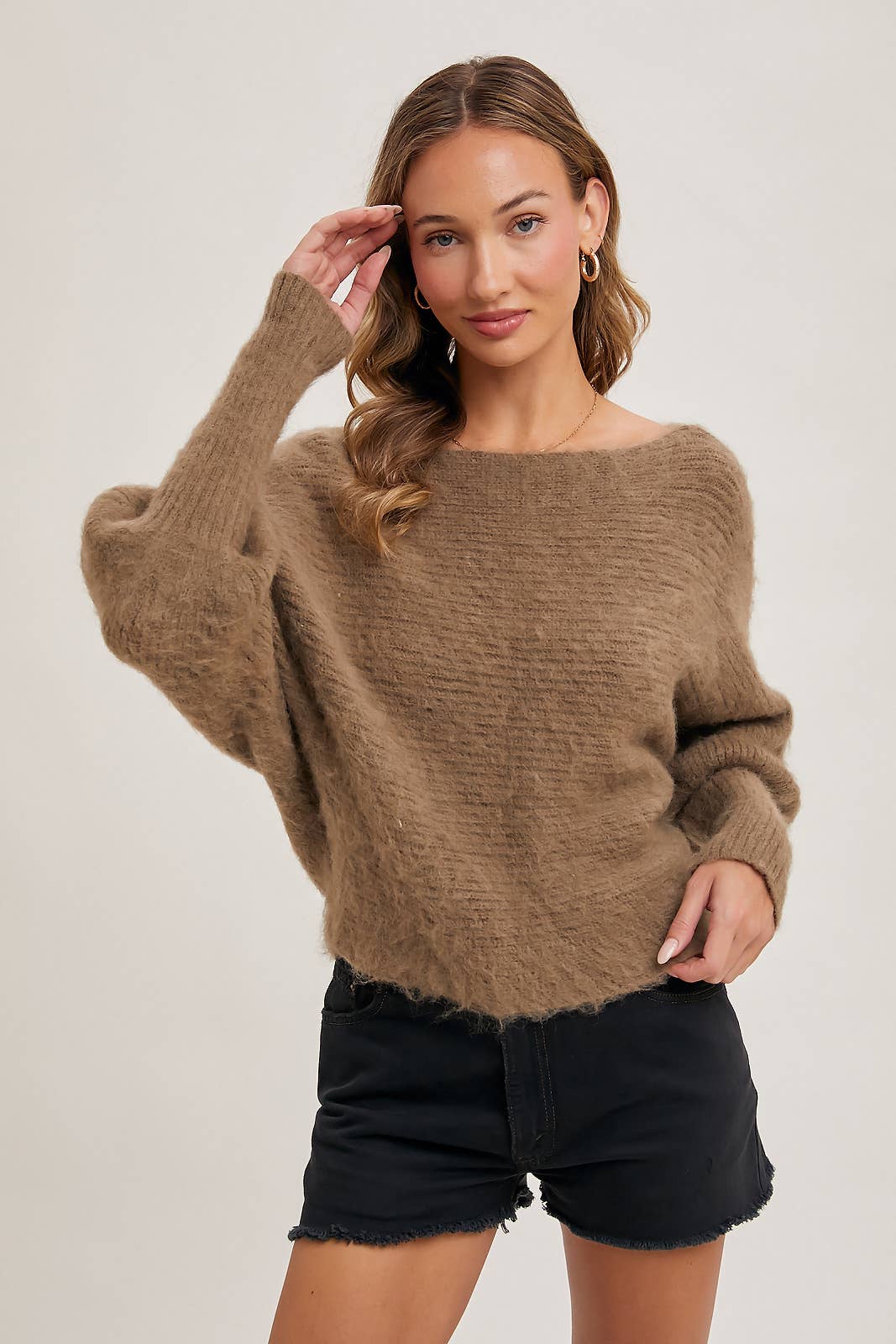 BOAT NECK DOLMAN SLEEVE RIBBED FUZZY KNIT SWEATER