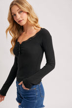 Load image into Gallery viewer, LACE TRIM BUTTON DOWN HENLEY KNIT TOP
