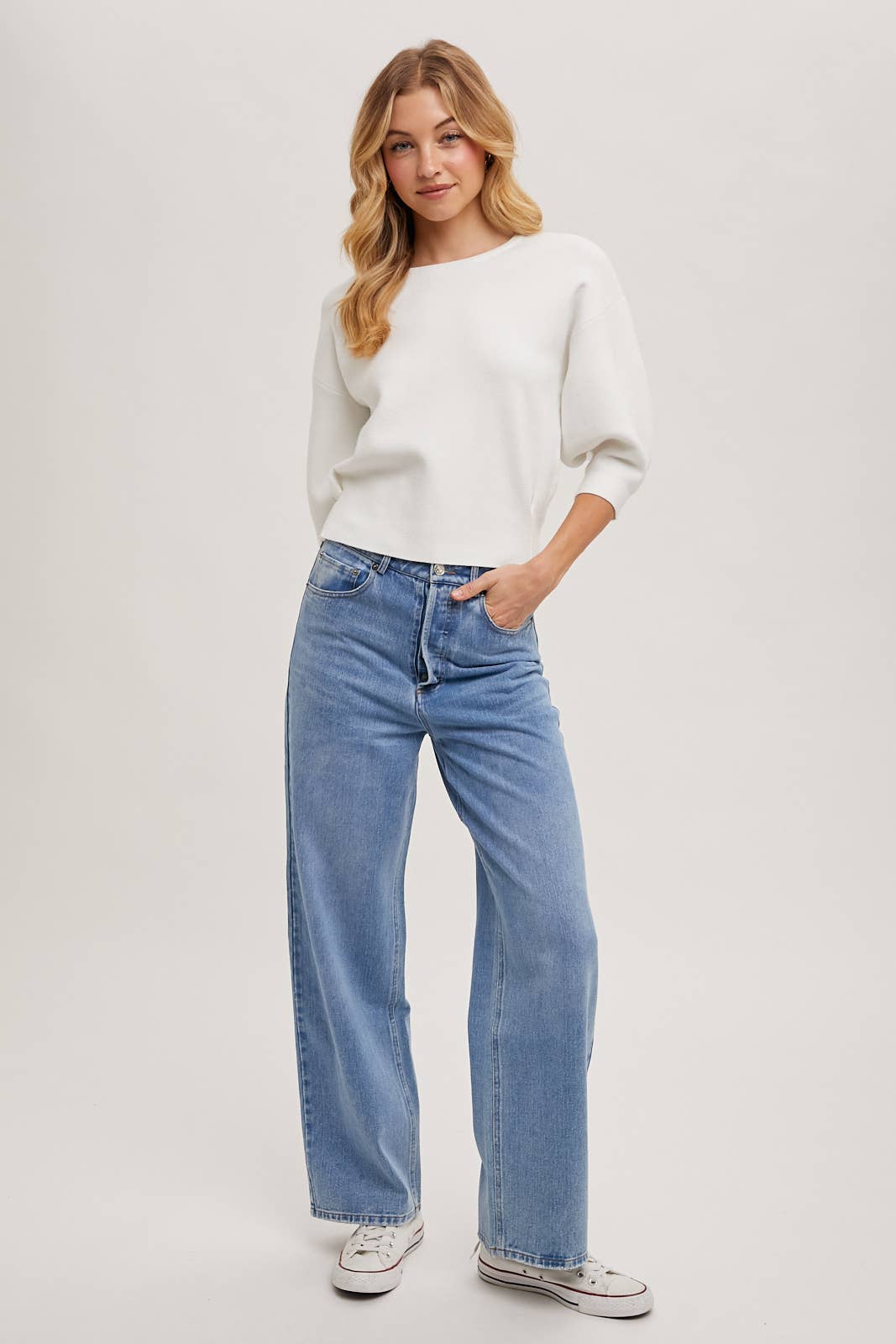 PUFFED 3/4 SLEEVED KNIT SWEATER TOP