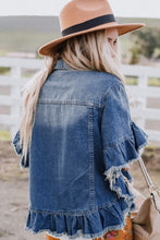 Load image into Gallery viewer, Blue Raw Edge Ruffled Mid Sleeve Denim Jacket
