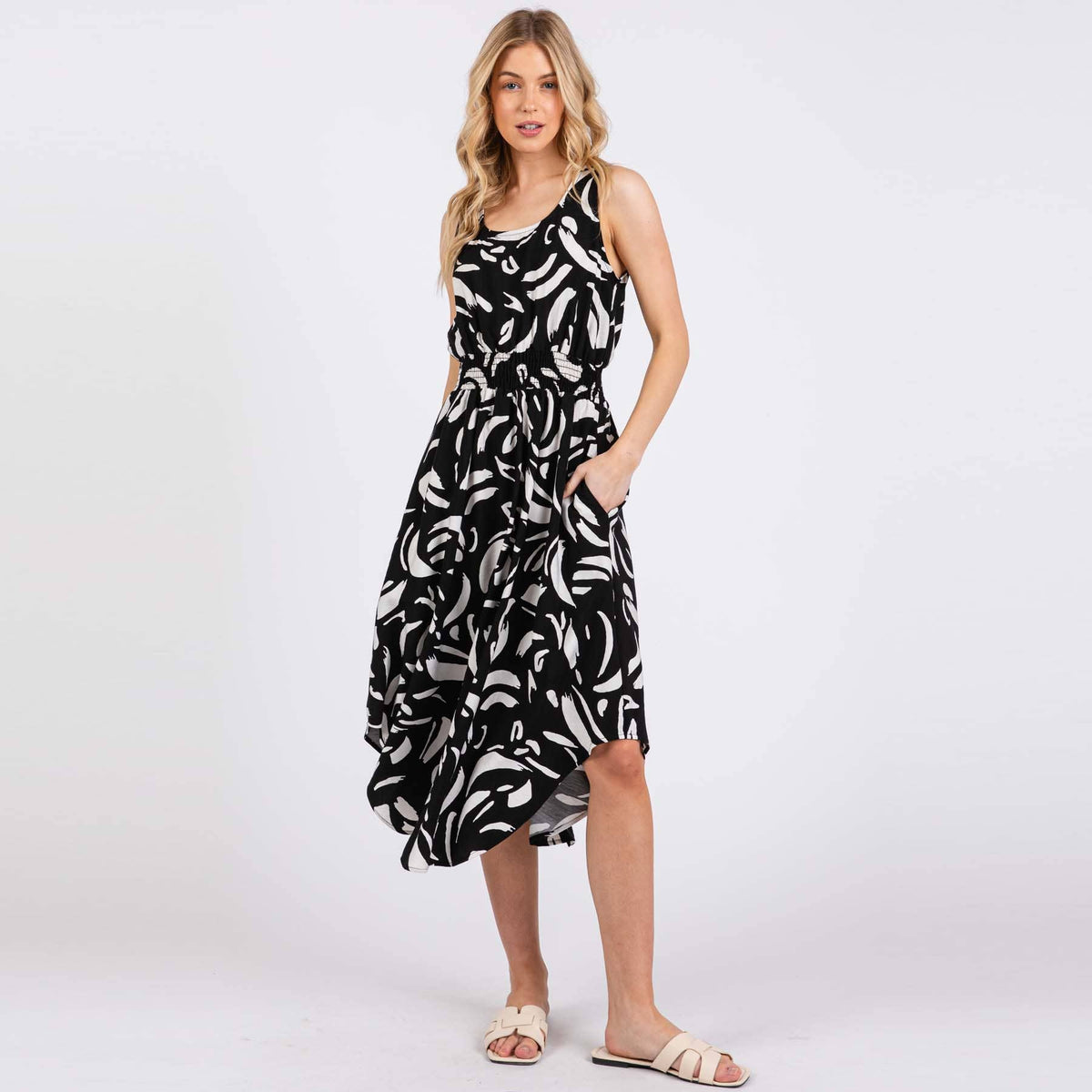 U-neck Back Surplice With Tie Detailed Midi Dress -ND40929B