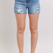 JUDY BLUE High Waisted Shorts w/stitch over Destroy Detail