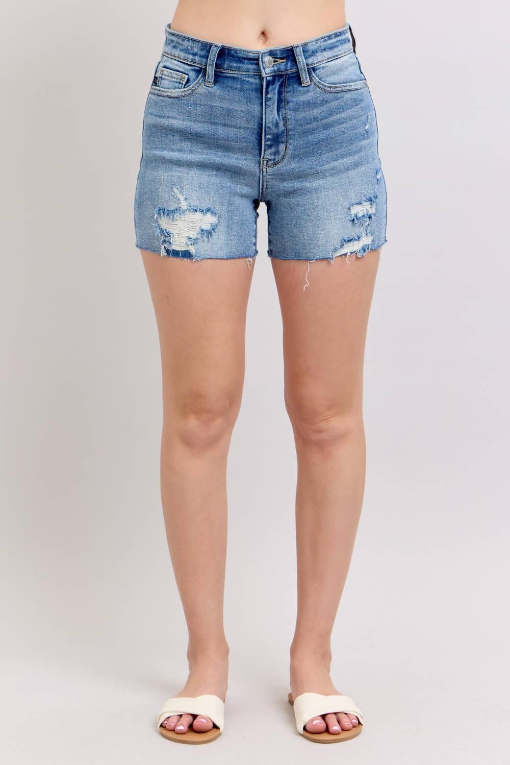 JUDY BLUE High Waisted Shorts w/stitch over Destroy Detail