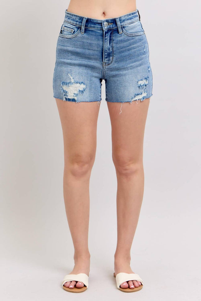 JUDY BLUE High Waisted Shorts w/stitch over Destroy Detail