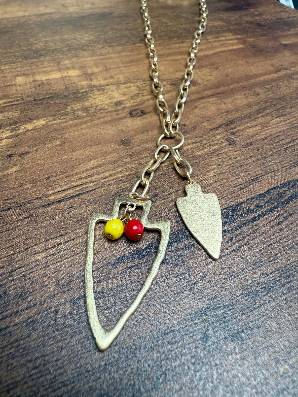 Two Charm Arrowhead Chain Link Necklace- Silver or Gold