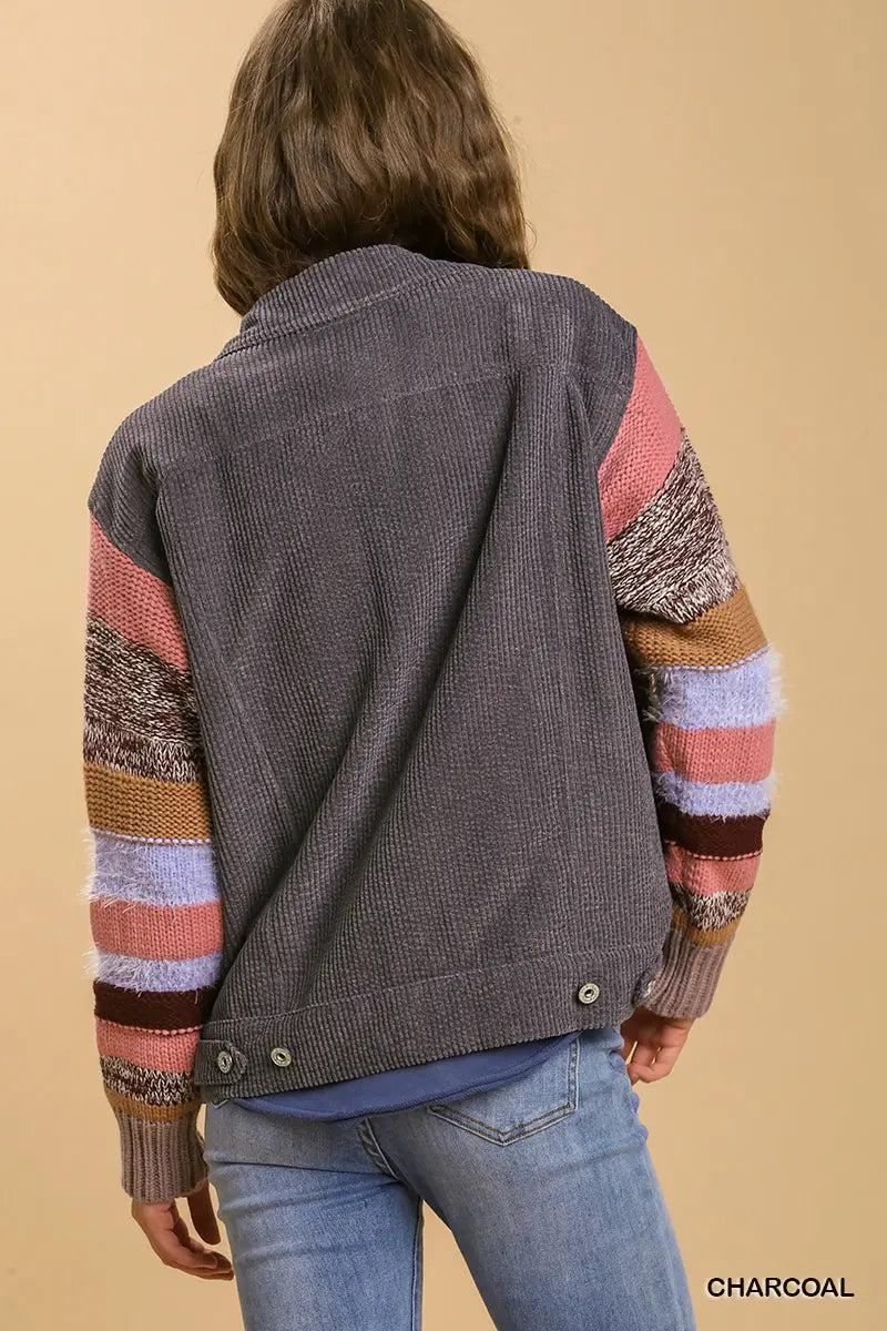 Charcoal Knit Sleeve Button Down Jacket