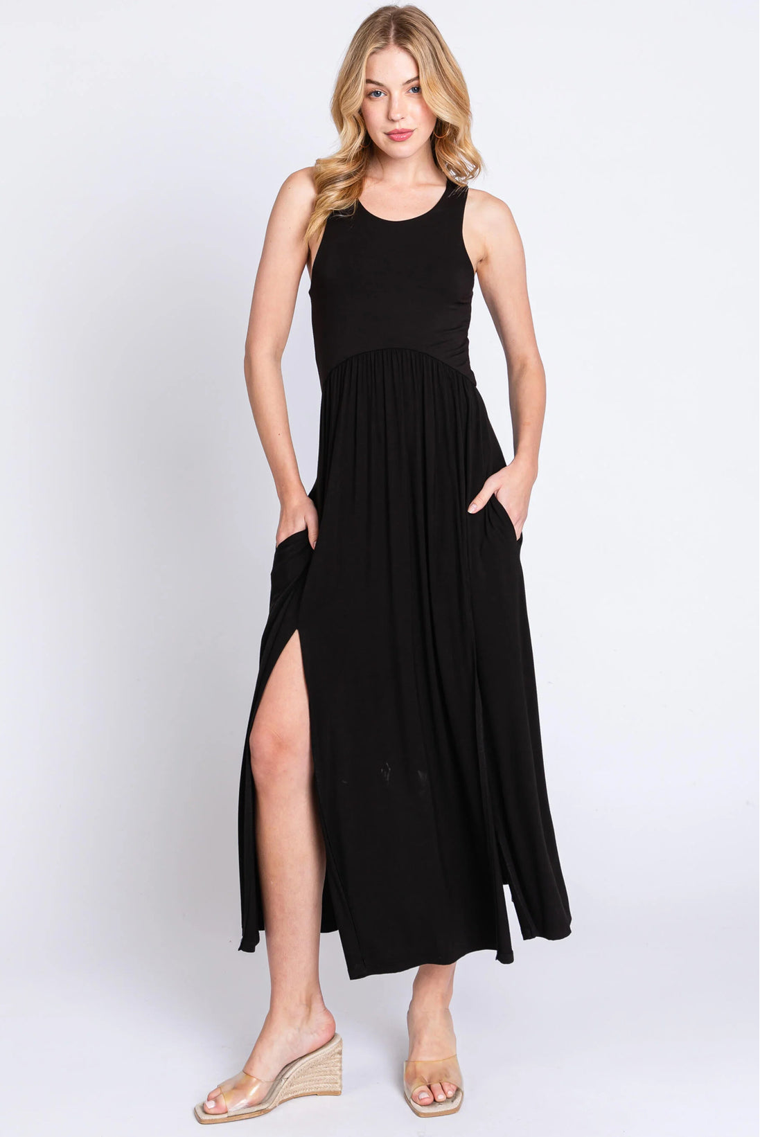 Sleeveless Midi Dress with Side Slit Detail