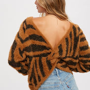 Twist Back Fuzzy Zebra Sweater