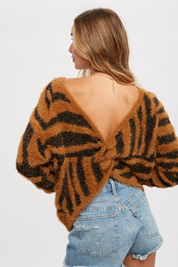 Twist Back Fuzzy Zebra Sweater