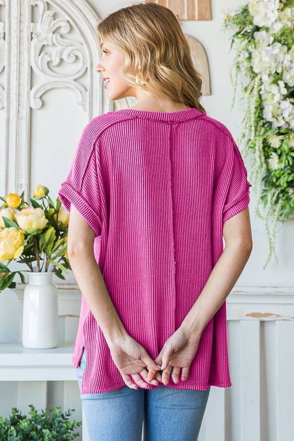Ribbed Drop Shoulder with Side Slit Top