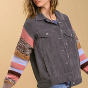 Charcoal Knit Sleeve Button Down Jacket