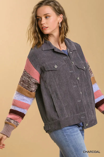 Charcoal Knit Sleeve Button Down Jacket