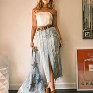 Distressed Seam Slit at Front Maxi Denim Skirt