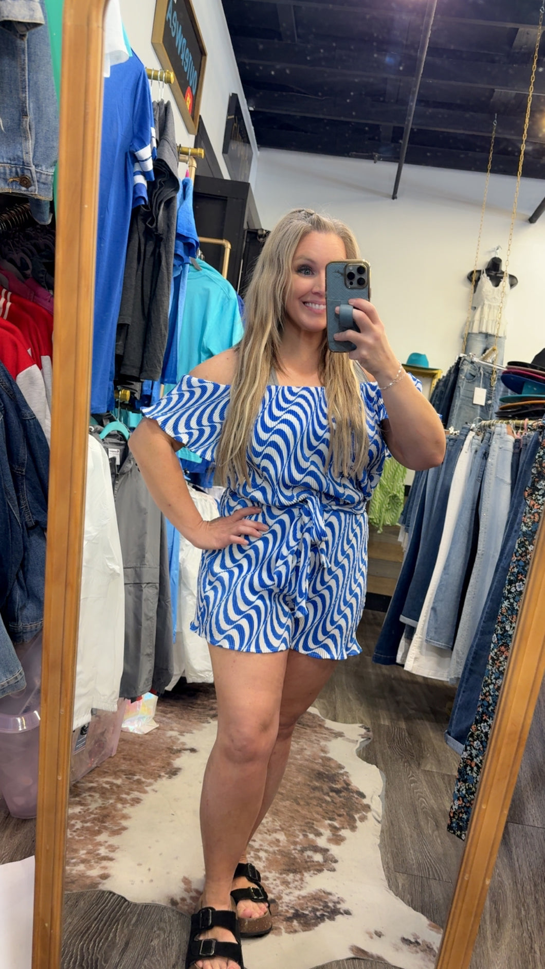 Plisse Off Shoulder Romper (Royal Blue)