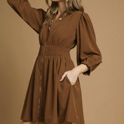 Brown Zip-Front Smocked Waist Mini Dress