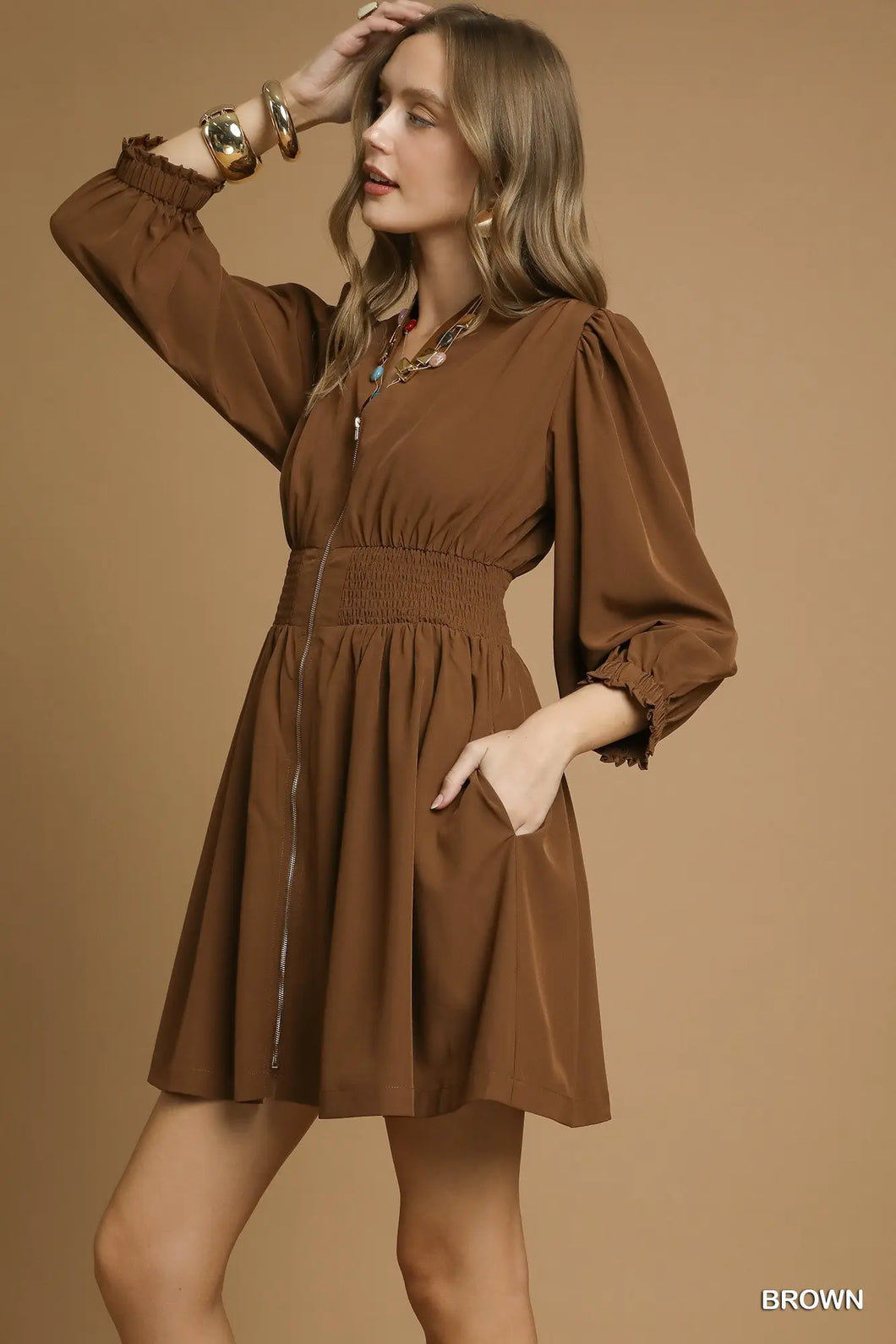 Brown Zip-Front Smocked Waist Mini Dress