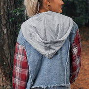 Hooded Plaid and  Denim Jacket