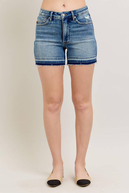 JUDY BLUE Mid Rise Tummy Control Vintage Wash Release Hem Shorts