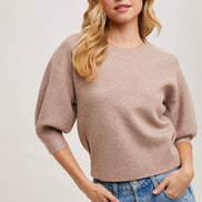 PUFFED 3/4 SLEEVED KNIT SWEATER TOP