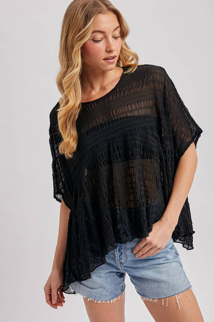 SHEER ASYMMETRIC TEXTURED CAPE TOP