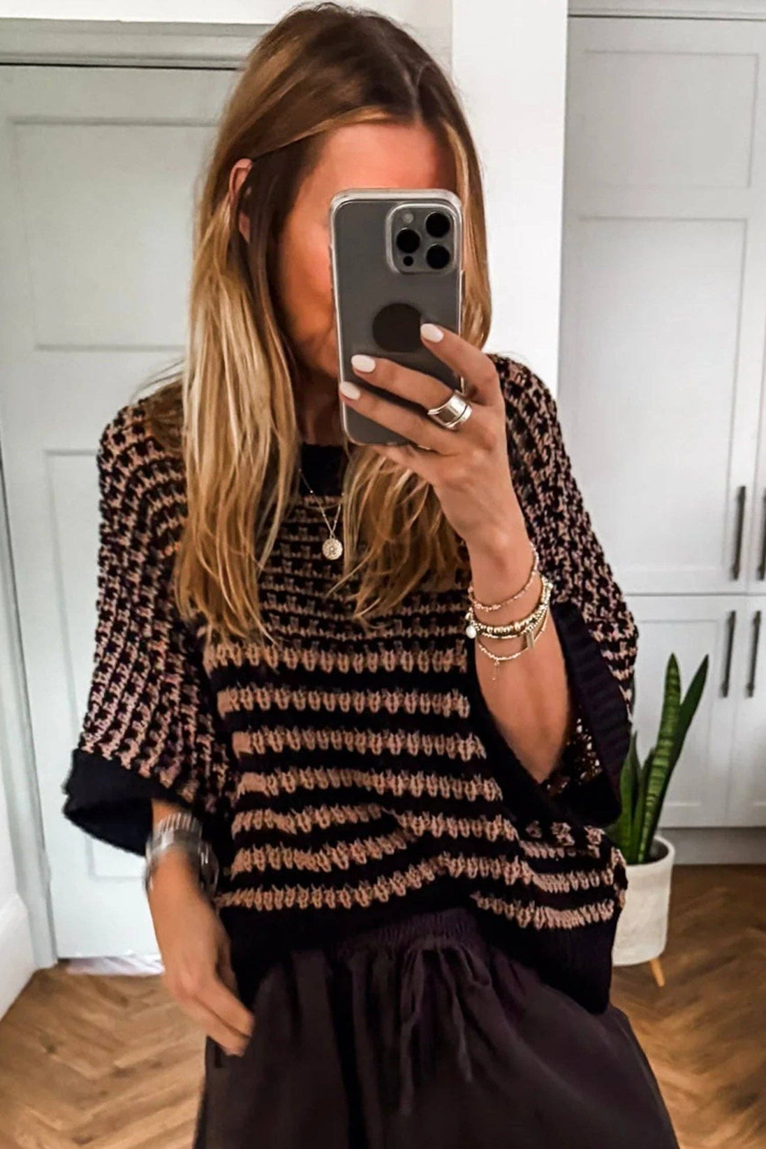 Red Stripe 3/4 Draped Sleeve Slouchy Sweater