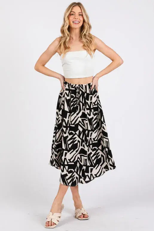 Print Waist Elastic With Tie Detailed Midi Skirt - NS80196
