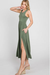 Sleeveless Midi Dress with Side Slit Detail