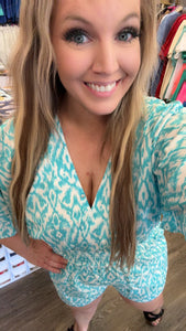 Kimono Sleeve V-Neck Romper w/Smocked Waist (Aqua)