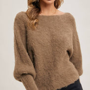 BOAT NECK DOLMAN SLEEVE RIBBED FUZZY KNIT SWEATER