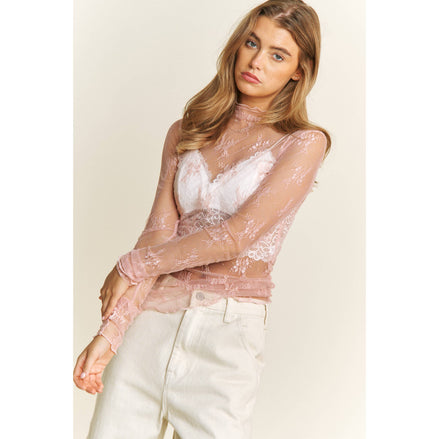 MESH LACE HIGH NECK DESIGN LONG SLEEVE FITTED TOP