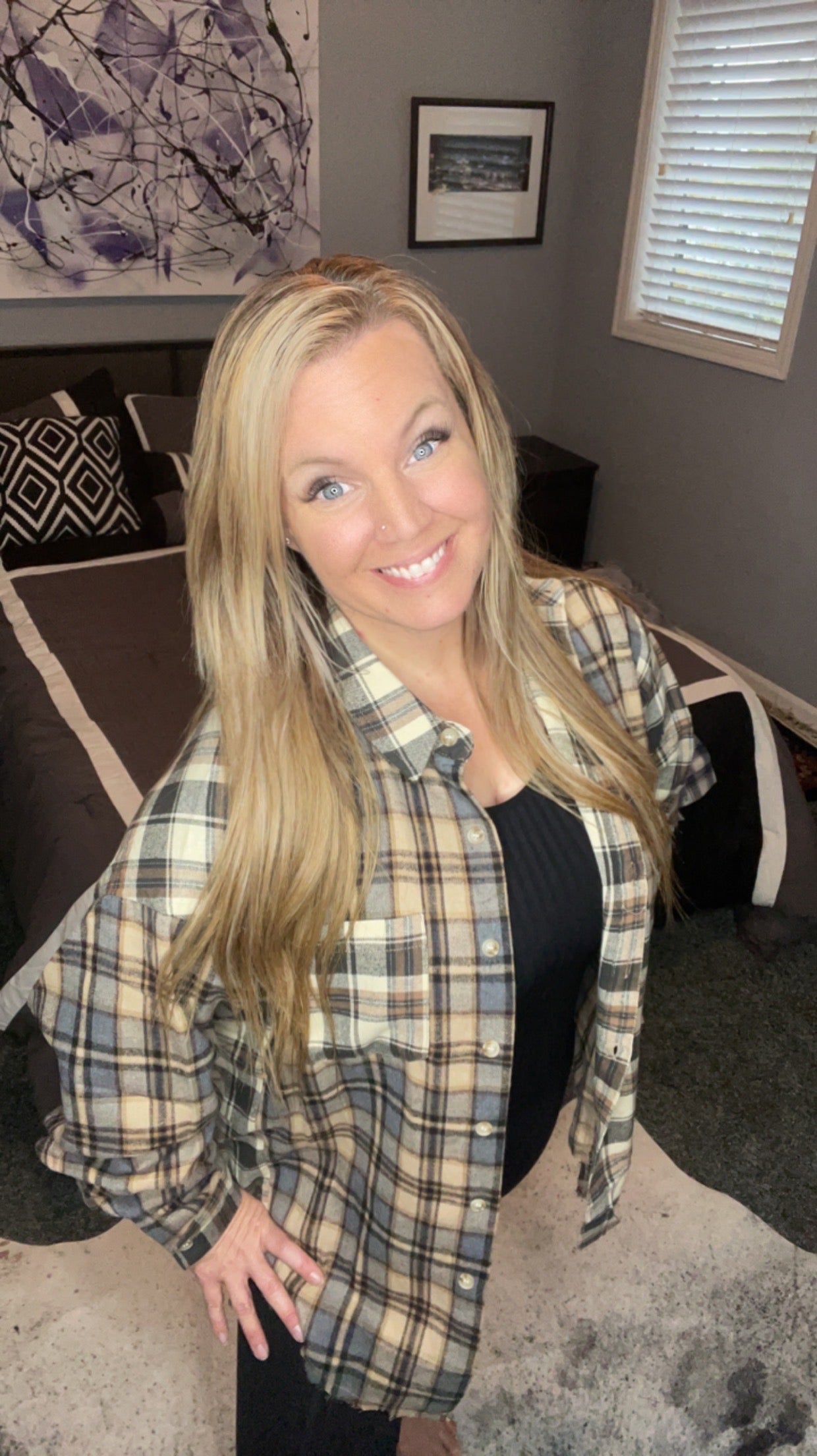 Color Block Plaid Button Down