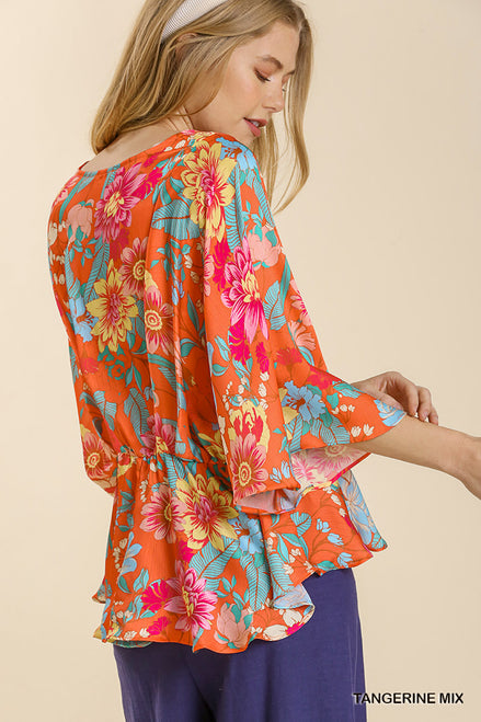 Kimono Sleeve Top w/Peplum Hem (Tangerine)