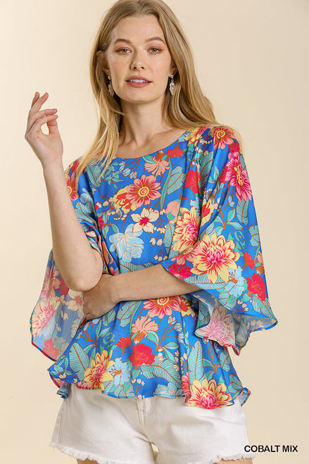 Kimono Sleeve Top w/Peplum Hem (Cobalt Blue)